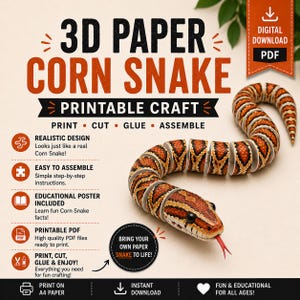Może przedstawiać: Papierowa wycinanka 3D przedstawiająca realistycznego węża zbożowego w pomarańczowo-czarno-białe wzory z czerwonym językiem. Tekst głosi 3D PAPER CORN SNAKE PRINTABLE CRAFT, PRINT, CUT, GLUE, ASSEMBLE i zawiera instrukcje montażu.