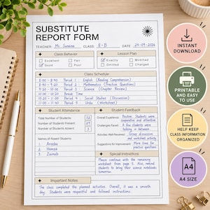 May include: A white substitute report form document with black text and blue handwritten entries. The form includes sections for class behavior, lesson plans, schedules, attendance, feedback, and notes. Four circular icons are on the right side.