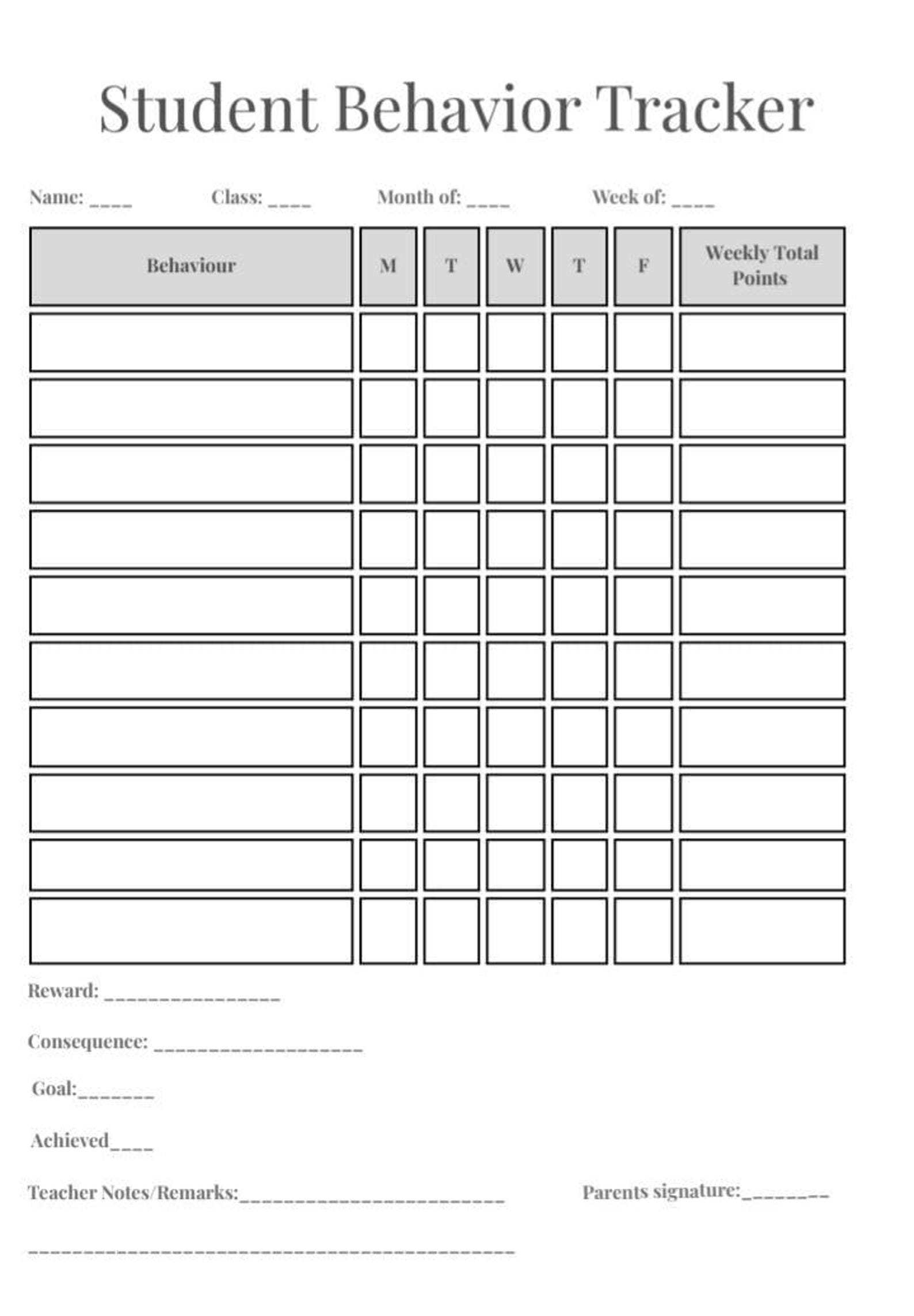 Student Behavior Tracker Printable A4 | Weekly Classroom Reward Chart ...