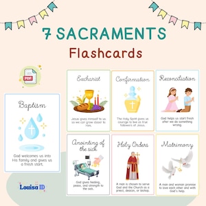 Zeven sacramenten-flashcards voor katholieke kinderen, afdrukbare katholieke digitale download, doop, eerste communie, bevestigingscadeau