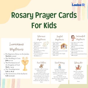 Catholic Rosary Prayer Cards for Kids printable set with Joyful, Sorrowful, Glorious, and Luminous Mysteries. Includes Sign of the Cross, Our Father, Hail Mary, Glory Be, Fatima Prayer, and Hail Holy Queen Prayers. Perfect for Sunday School or First Communion.