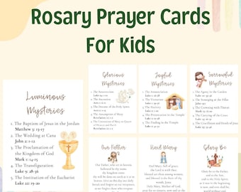 May include: A set of Rosary Prayer Cards for kids, featuring the Luminous, Glorious, Joyful, and Sorrowful Mysteries. Each card displays text and illustrations, including the Our Father and Hail Mary prayers. The cards are designed with a colorful, child-friendly aesthetic.