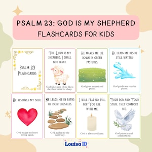 以下が含まれることがあります： 「Psalm 23: God Is My Shepherd」というタイトルの子供向けフラッシュカード8枚セット。各カードには聖句と、羊、牧草地、水、ハート、小道、キャンドル、鳩などの対応するイラスト、および短い説明文が記載されています。