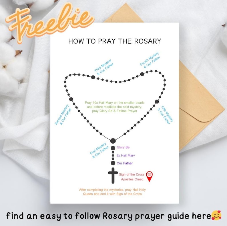 May include: A white card with the text "HOW TO PRAY THE ROSARY" and a diagram of a rosary. The diagram includes text explaining the steps of the prayer. The words "Freebie" and "find an easy to follow Rosary prayer guide here" are also present.