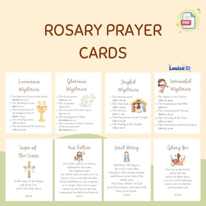 May include: Rosary prayer cards with various mysteries, including Luminous, Glorious, Joyful, and Sorrowful. Each card features text and illustrations, such as a chalice, angels, a nativity scene, and a cross. The cards also include prayers like "Our Father" and "Hail Mary."