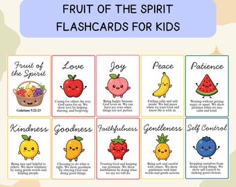 May include: A set of ten educational flashcards titled Fruit of the Spirit Flashcards for Kids. Each card features a colorful cartoon fruit character representing a virtue like Love, Joy, Peace, Patience, Kindness, Goodness, Faithfulness, Gentleness, and Self Control, with descriptive text and a basket illustration on the cover card.
