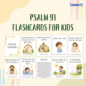 May include: Psalm 91 flashcards for kids. The cards feature illustrations of a house, castle, child praying, Jesus with a lamb, and other images. The text includes phrases like "God is my safe place" and "He will cover you with His feathers."