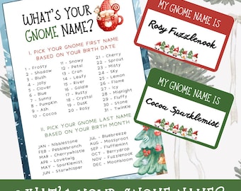 May include: A whimsical game sheet titled "What's Your Gnome Name?" with a list of first and last names based on birth date and month. Two name tags read "Rosy Fuzzlenook" and "Cocoa Sparklemist".