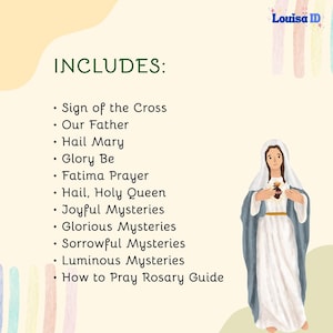 May include: A digital illustration featuring a list of prayers and a guide to praying the rosary. The image includes a depiction of the Virgin Mary in a white and blue robe. The text includes "Includes" and a list of prayers.
