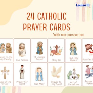 24 estampas de oración católicas para niños, con texto en letra no cursiva, imprimibles para la escuela dominical, recurso para la educación en casa, regalo de Primera Comunión