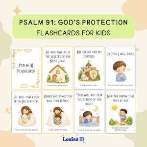 Può includere: Un set di otto flashcard educative intitolate Psalm 91: God's Protection Flashcards for Kids. Ogni carta presenta un'illustrazione unica, tra cui una casa, un castello, un bambino che prega e figure, con passaggi tratti dal Salmo 91.