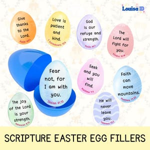 May include: A blue plastic Easter egg opened to reveal several colorful egg-shaped cards. Each card features a Bible verse and a pastel background. The text "SCRIPTURE EASTER EGG FILLERS" is at the bottom.