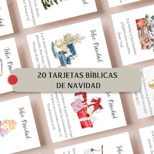 Op de afbeelding: Een verzameling kerstkaarten met aquarel illustraties van cadeaus en feestelijke decoraties. De kaarten bevatten religieuze tekst en de woorden "Feliz Navidad" in elegant schrift. De tekst "20 TARJETAS BÍBLICAS DE NAVIDAD" is ook zichtbaar.