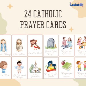 May include: A collection of 24 Catholic prayer cards. Each card features watercolor illustrations of religious figures, symbols, and prayers. The cards include images of Mary, Jesus, and angels, with text such as "Our Father" and "Prayer for Parents."