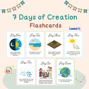 Flashcards dos 7 Dias da Criação para Crianças, Flashcards Cristãos para Imprimir para Escola Dominical, Educação Domiciliar, História da Criação Bíblica