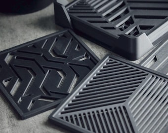 Geometric Coasters with Holder: Techy Modern Design | Set of 4, 6 or 8