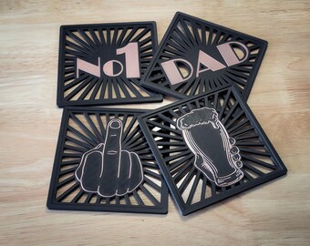 Funny Dad Coasters Set: Rose Gold & Black Beer Coasters with Holder