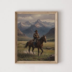 Western Cowboy Painting | Vintage Wall Art | Mid Century Decor | Antique Oil Painting | Moody Print | PRINTABLE Digital Download |