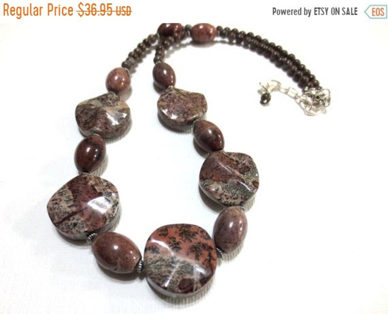 20/% OFF SALE Sterling Silver Jasper Necklace Brown Agate Adjustable Statement Necklace Fluted Coin Beads