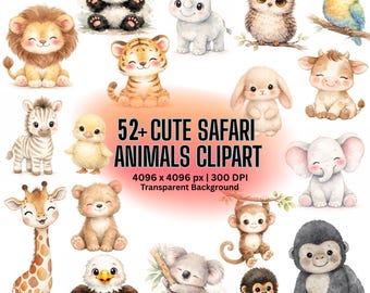 Safaridieren clipart, leeuw, giraf, dierentuin svg, kinderkamer kunst, 52+ aquarel dieren, baby giraf svg, jungle dieren graphics