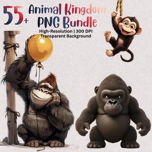 Animal Kingdom PNG-bundel, 55+ schattige dieren cliparts, aap, beer, kat, kinderkamerkunst, digitale download