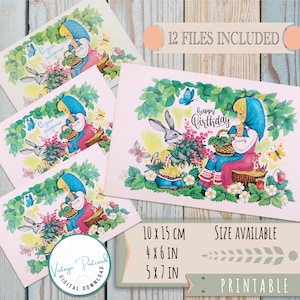 Birthday Card Digital Download | Vintage Bunny and Girl Postcard | 1980s USSR Printable Greeting for Kids