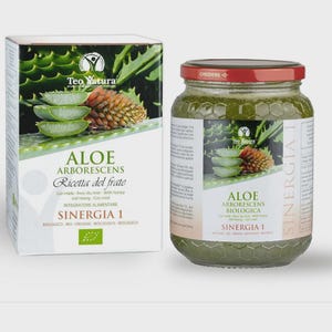 Op de afbeelding: Een doos en een pot met Aloe Arborescens producten. De doos en de pot hebben etiketten met tekst en afbeeldingen van aloë vera bladeren en een dennenappel. De pot heeft een rode deksel en de doos is wit met groene accenten.