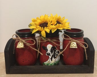 Mason Jar Utensil Holders,Kitchen Utensil Holders,Cow Decor,Cow Kitchen,Country Decor,Farmhouse Decor,Red Kitchen Decor,Sunflower Decor