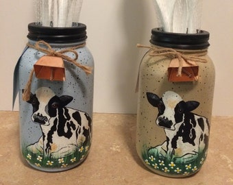 Mason Jar Utensil Holder,cow decor,cow kitchen decor,country decor,farmhouse decor,mason jar decor,painted mason jars,Cow lovers gift