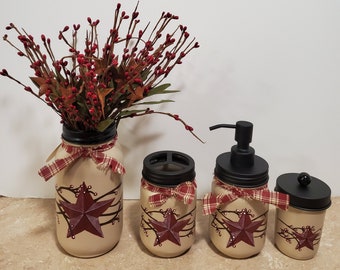 Mason Jar Bathroom,Primitive Star Decor,Farmhouse Decor,Mason Jar Decor,Soap Dispenser,Pip berry decor,Bathroom decor,Hand painted mason jar