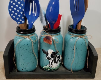 Mason Jar Utensil Holders,Cow Decor,Farmhouse Decor,Kitchen Utensil Holders,Country Decor,Housewarming Gift,Cow Kitchen,Hand painted cow