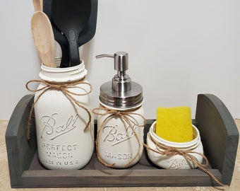 Mason Jar Decor,Mason Jar Kitchen Set,Mason Jar soap dispenser,Farmhouse Decor,Farmhouse Kitchen,Mason Jar Utensil Holder,Christmas Gift
