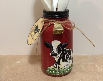 Kitchen Utensil Holder,Cow Decor,Mason Jar Decor,Country Decor,Gift for her,Cow Kitchen Decor,Black and White cow,Farmhouse