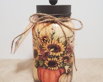 Quart Mason Jar,Decorative jar,Sunflower Decor,Apothecary Jar,Bathroom Decor,Fall Decor,Decoupaged Jar,Kitchen Decor,Storage Jar