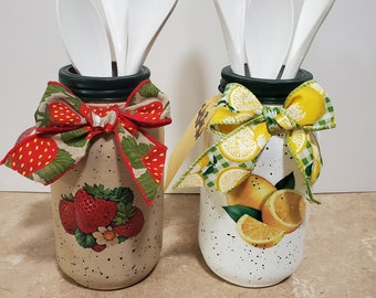Decoupage Mason Jar Utensil Holder, Strawberry Lemon Kitchen Decor