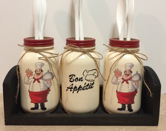 Mason Jar Utensil holder,Chef Decor,Chef Kitchen,decoupage jars,hand painted jars,Christmas gift,housewarming gift,gift for her.