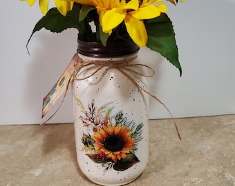 Mason Jar Decor,Sunflower Decor,Farmhouse Decor,Decoupaged Jar,Hand Painted Jar,Housewarming Gift,Sunflower Jar,Gift for her,Flower Vase