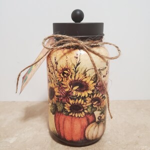 Quart Mason Jar,Decorative jar,Sunflower Decor,Apothecary Jar,Bathroom Decor,Fall Decor,Decoupaged Jar,Kitchen Decor,Storage Jar
