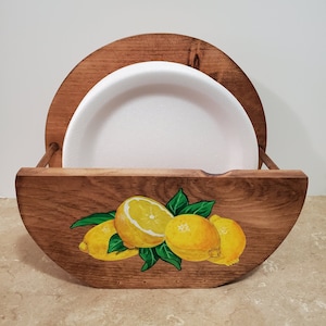 Paper Plate Holder,Wooden plate holder,Lemon Kitchen Decor,Hand painted lemons,Country Decor,Housewarming gift,yellow lemon decor