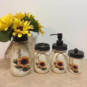 Mason Jar Bathroom/Desk set,Decoupaged Jars,Sunflower Decor, Country Decor,Farmhouse Decor,mothers day,Sunflower Bathroom,Painted mason jar