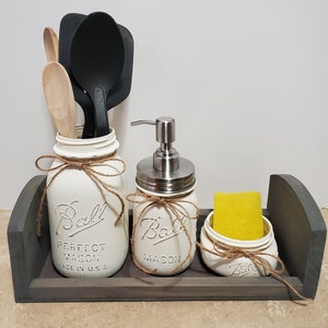 Kitchen Soap Dispenser and Sponge Holder Small Wood Tray With Risers,  Rustic Kitchen Sink Tray With Mason Jar Dispenser and Sponge Holder -   Israel