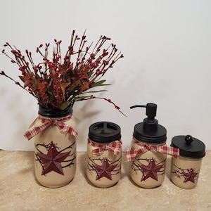 Mason Jar Bathroom,Primitive Star Decor,Farmhouse Decor,Mason Jar Decor,Soap Dispenser,Pip berry decor,Bathroom decor,Hand painted mason jar