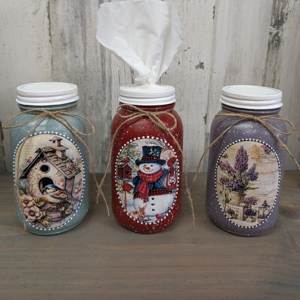 Mason jar tissue holder,Mason jar decor,Christmas decor,Spring decor,Hand Painted mason jars,Mothers day gift,Bathroom decor,Kleenex holder