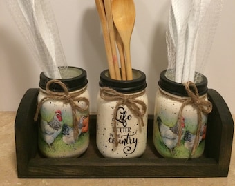 Kitchen Utensil Holders,Mason Jar Utensil Holders,Chicken Decor,Farmhouse Decor,Country Decor,Decoupaged Jars,Country Farmhouse Kitchen