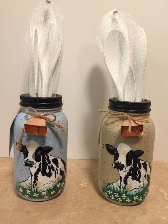 Mason Jar Utensil Holder,cow decor,cow kitchen decor,country decor,farmhouse decor,mason jar decor,painted mason jars,Cow lovers gift