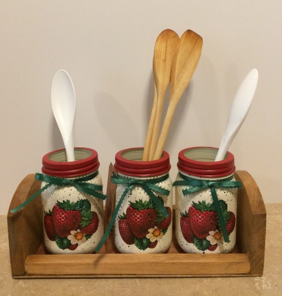 mason jar utensil holders,strawbery kitchen decor,strawberry decor,strawberry utensil holders,christmas gift,country decor,decoupaged jars