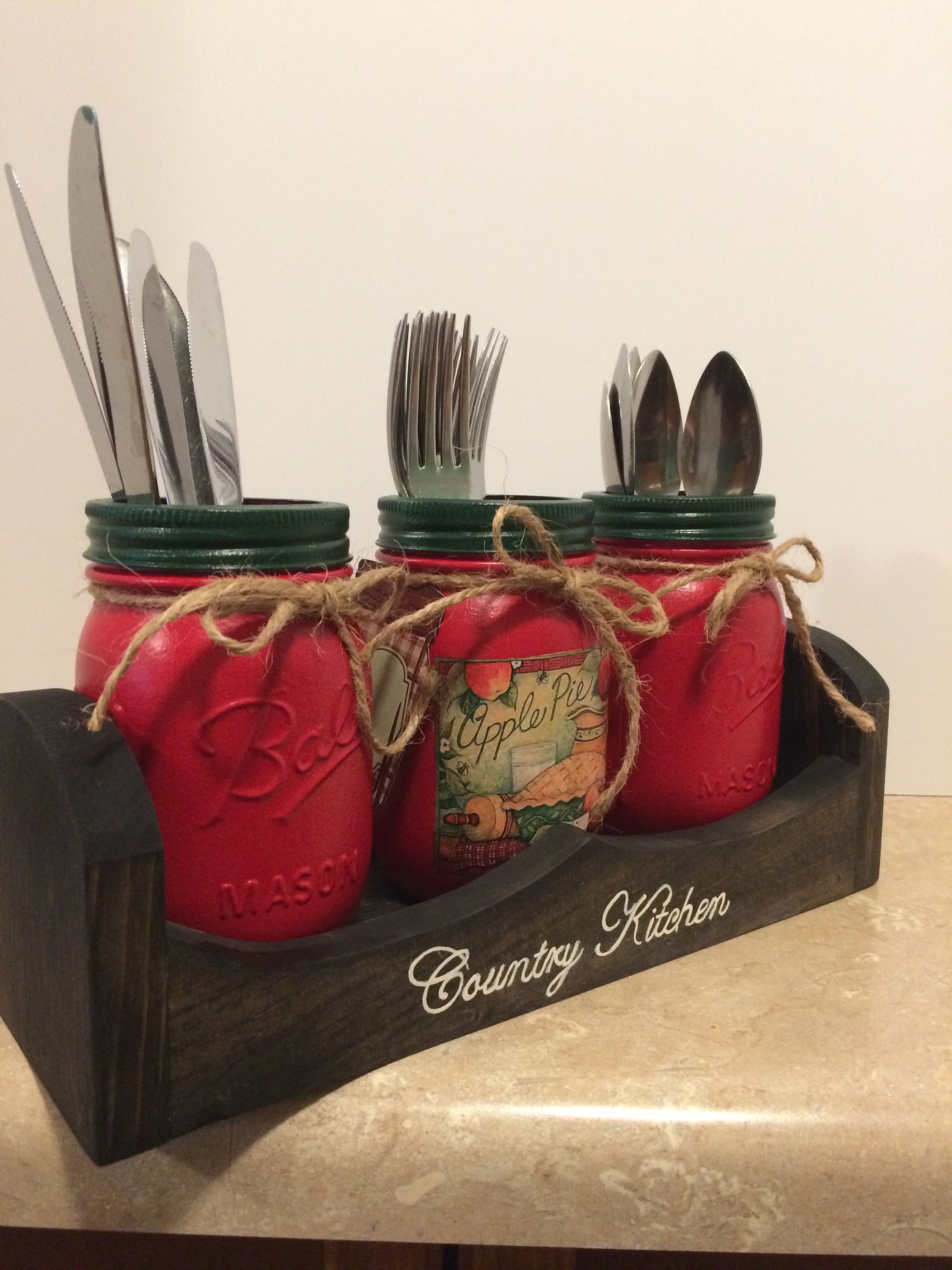 Mason Jar Utensil Holder,Mason Jars Kitchen,Country Decor,Apple Decor