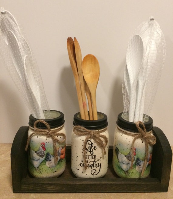 Kitchen Utensil Holders,Mason Jar Utensil Holders,Chicken Decor,Farmhouse Decor,Country Decor,Decoupaged Jars,Country Farmhouse Kitchen