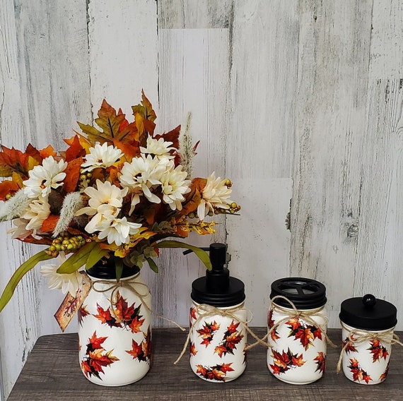 Fall Mason jar bathroom set,Fall Decor,Soap dispenser,toothbrush holder,Autumn Decor for bathroom,Fall bathroom decor,decoupaged mason jars