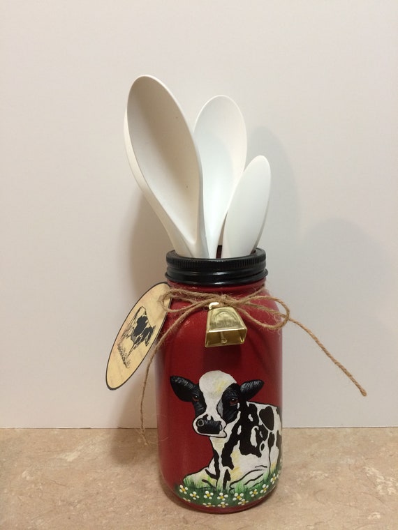 Kitchen Utensil Holder,Cow Decor,Mason Jar Decor,Country Decor,Gift for her,Cow Kitchen Decor,Black and White cow,Farmhouse